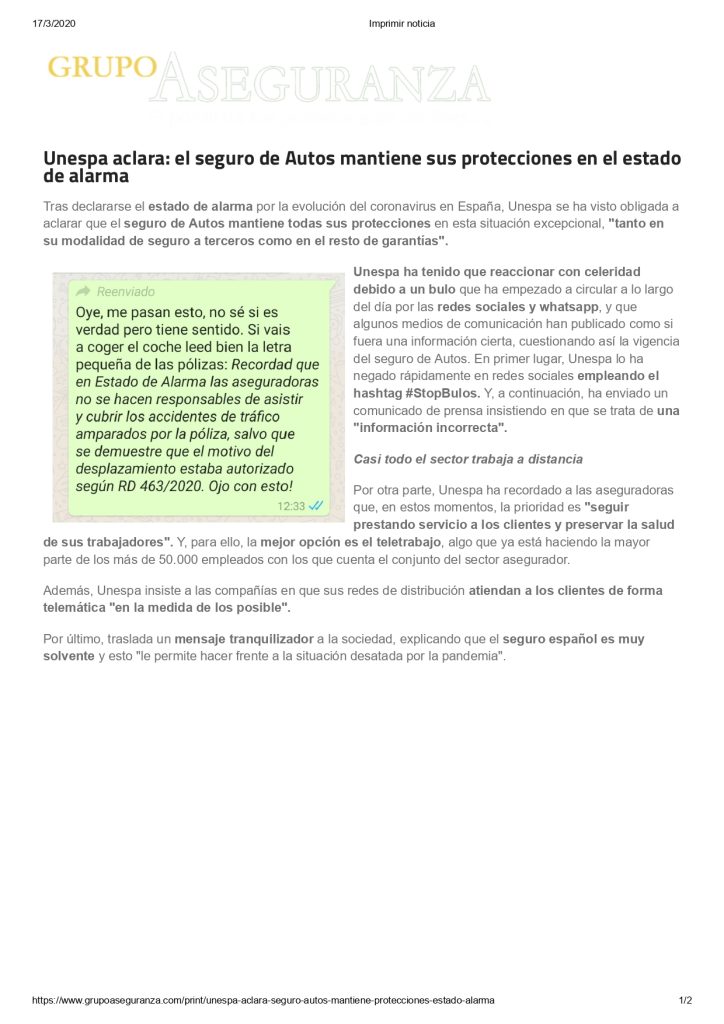 Unespa aclara: el seguro de Autos mantiene sus protecciones en el estado de alarma